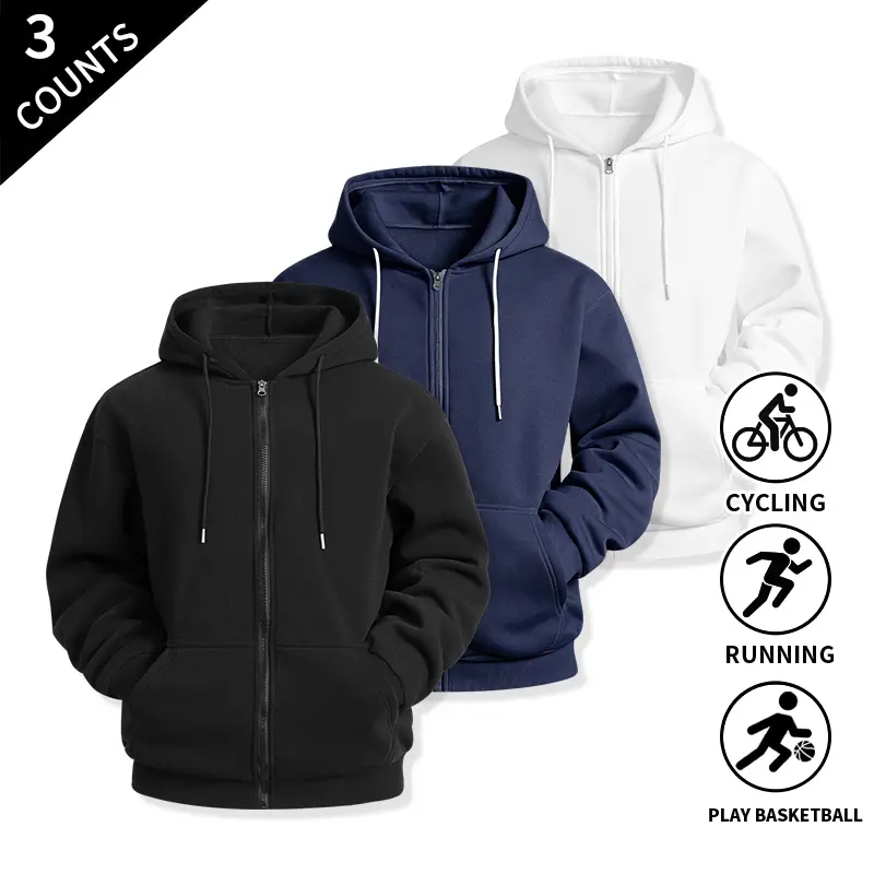 3-Pack Full-Zip Hooded Athletic Sweatshirts for Men — Lightweight, Breathable Training Outer Tops; Solid Hoodies with Pockets for Sports, Walking, and Everyday Wear