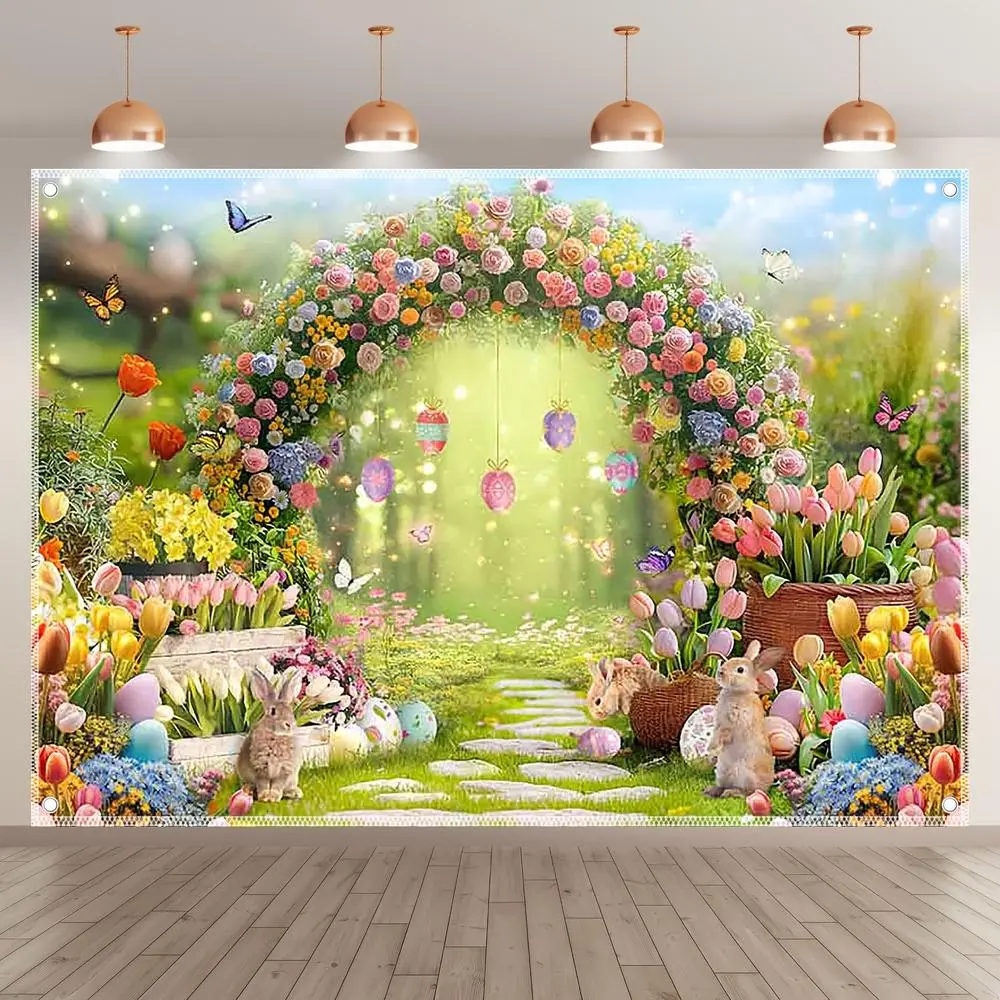 1-Piece Printed Polyester 2D Flat Easter Theme Wall Hanging Backdrop Banner, Dreamy Flower Arch Rabbit Easter Eggs Decor, Party Decoration Supplies for Children’s Birthday Events & Photo Booths