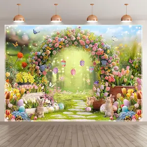 1PC,2D Flat Easter Theme Photography Backdrop, Dreamy Flower Arch Rabbit Easter Eggs Decorative Background, Children's Birthday Party Photo Backdrop, Festival Event Decoration Curtain
