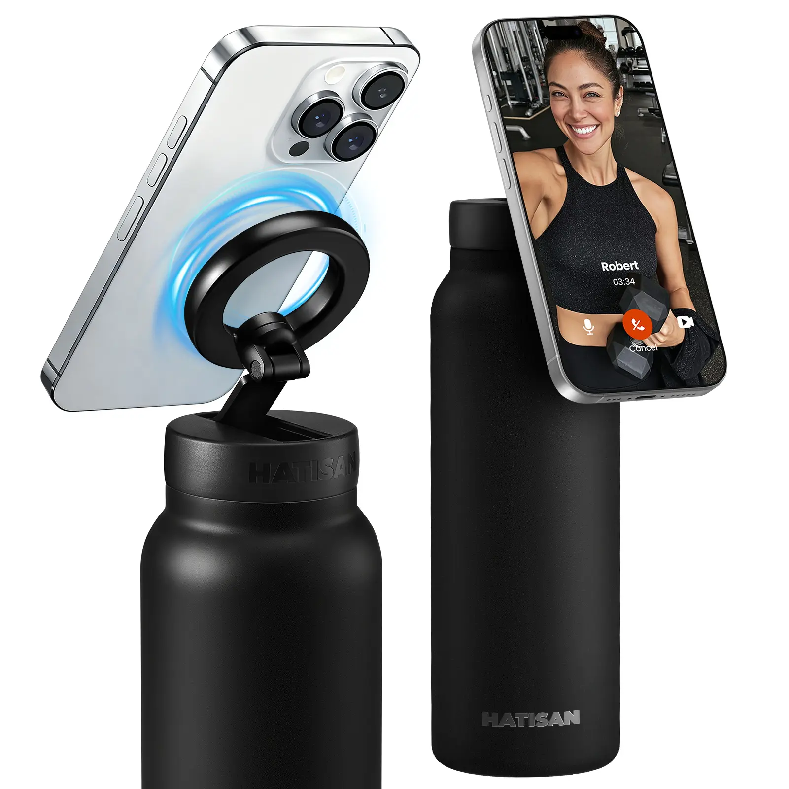 Insulated Magnetic Water Bottle - Reusable Stainless Steel Bottle with MagSafe Compatible Phone Holder - Keeps Cold/Hot for 12 Hours - Perfect for Gym, Sports, and Travel - Black 24oz Bottled Flasks