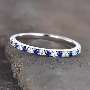 Maxine Women's 5A Cubic Zirconia Half Eternity Round Cut Blue Stone Wedding Band - Artificial Gemstone Jewelry for Daily, Multi-Occasion Use, Proposal