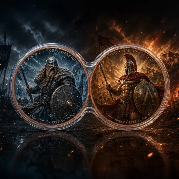 Viking vs Spartan Infinity Pair – 2 x 1 oz Colorized Copper (New in Infinity Capsule)