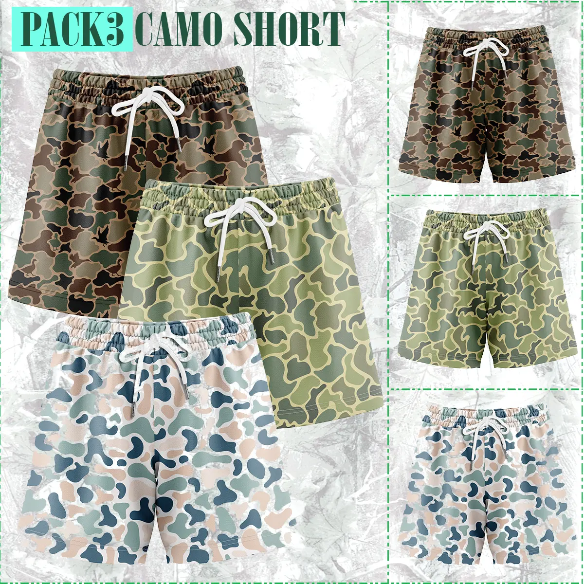 Male Men's Duck Hunting Camo Shorts, 5-Inch Inseam, Soft Breathable Quick-Dry Athletic Gym Shorts, 1-Pack or 3-Pack  Options, Men's Shorts