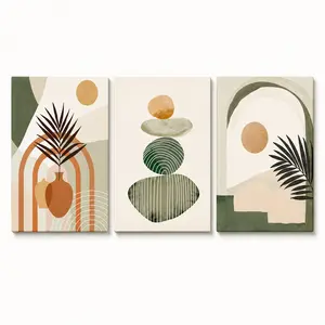 3-Piece Mid-Century Boho Canvas Wall Art Set - 12x16in Neutral Green Abstract Sun Plant Prints, Artistic Decoration for Living Room Bedroom, Ideal Gift