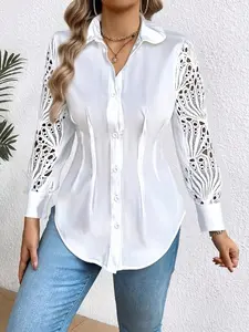 Plus Size Contrast Lace Hollow Out Plicated Fitted Bishop Long Sleeve Blouse, Shirts, Casual Aesthetic Button Front Top for Summer, Womenswear for Daily Wear, Quality and Durability
