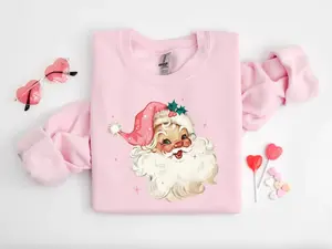 Pink Santa Retro Christmas Shirt/Sweatshirt/Hoodie, Retro Crewneck, Gift For Xmas, Cotton, Womenswear Tops