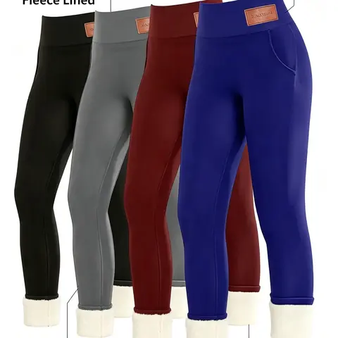 Women's Solid/Letter Embroidery Pocket Sports Leggings, Thermal Lined High Waist Skinny Pants, Ladies Warm Sportswear for Yoga Gym Workout, Tummy Control Athletic Fitting