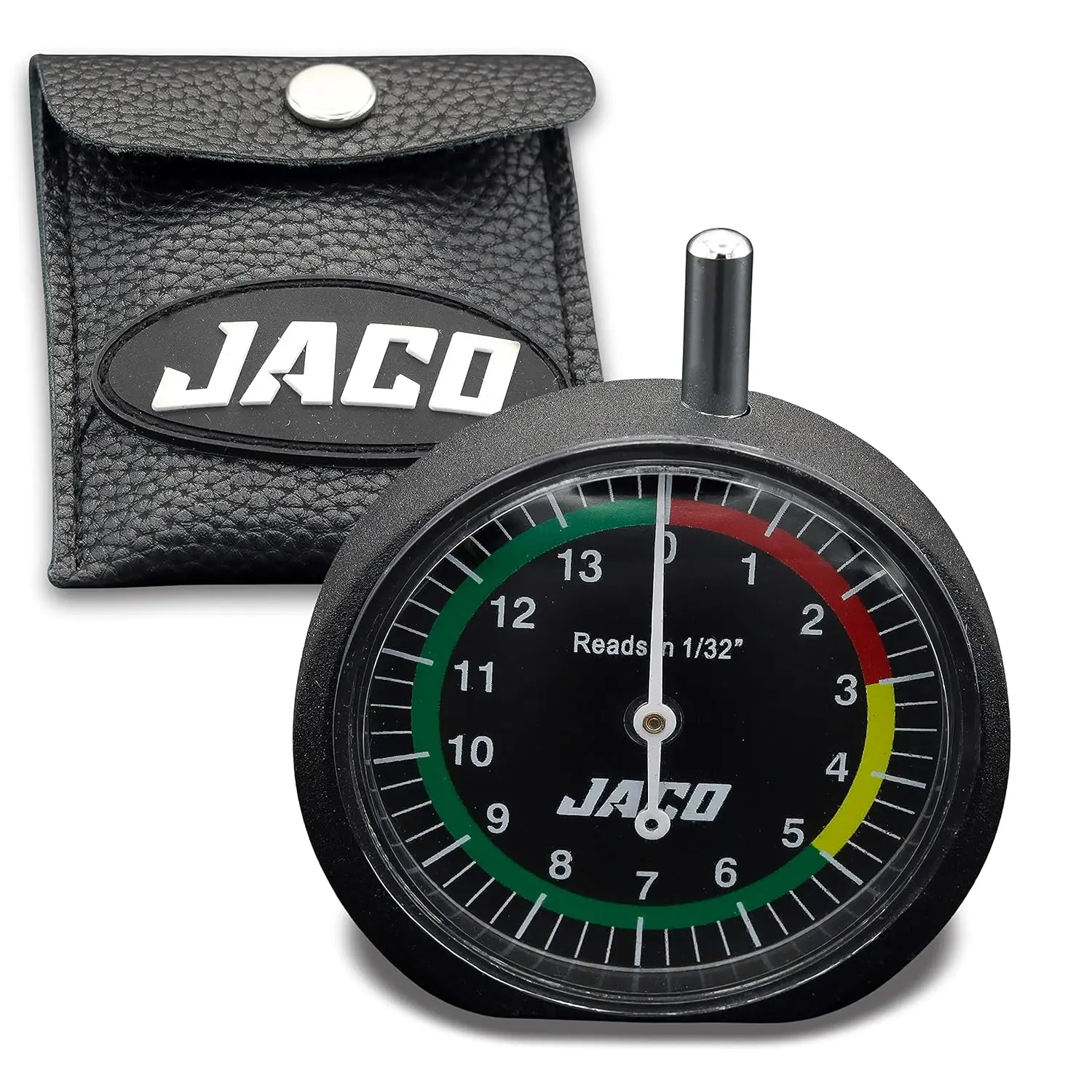Dial-Type Tire Tread Depth Gauge - Compact, Color-Coded Scale Tool with Precise Readings, Calibrated to Meet or Exceed Industry Standards, Includes Leather Pouch for Cars, Trucks, Tire Check Needs, Semi Trucks, Car Owners