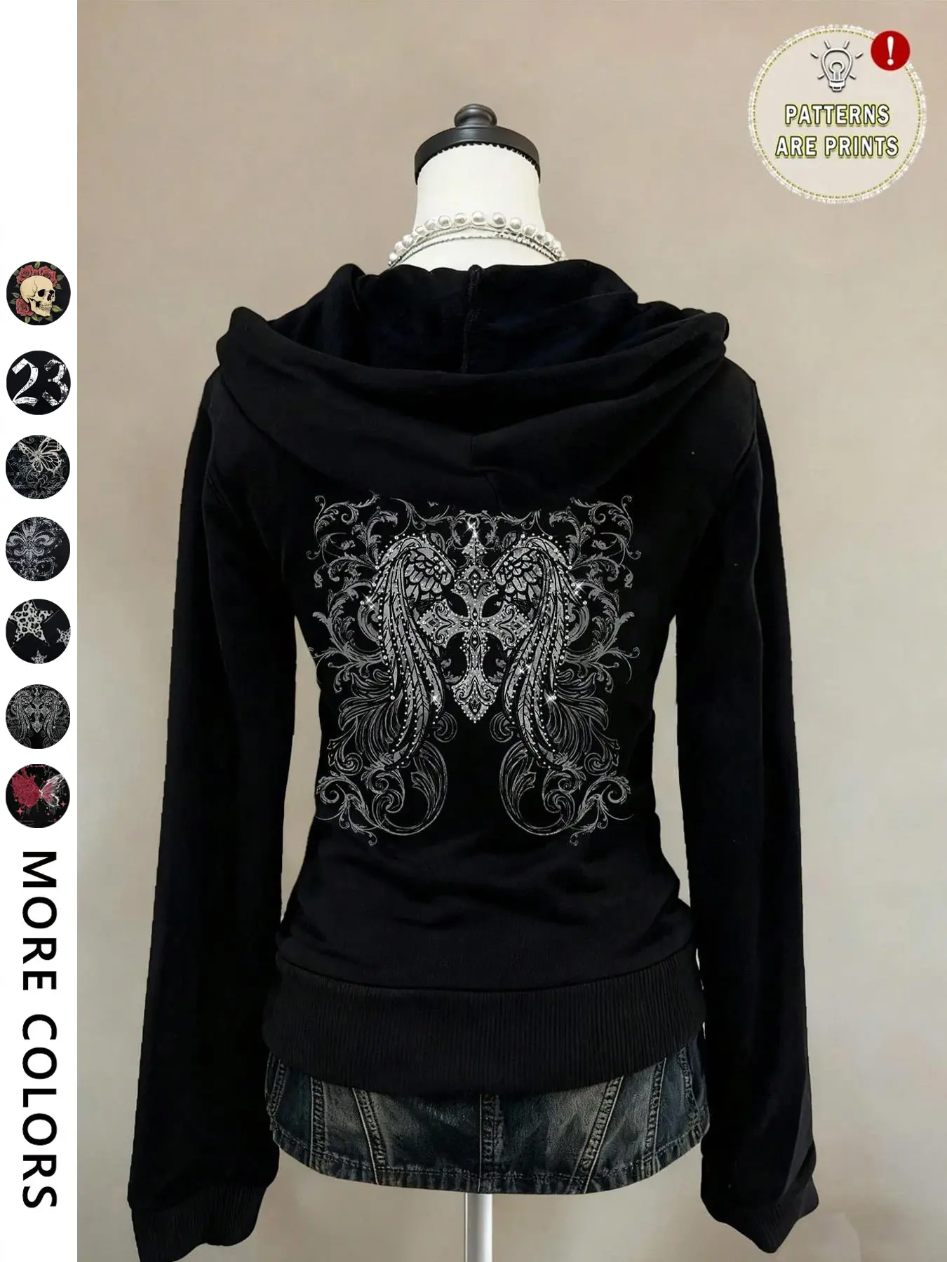 Women's Y2K Fitted Long Sleeve Hoodie Sweatshirt, Cross Wing Graphic Print Loose Fit, Comfortable Fall & Winter Wear, Casual Vintage Punk Style