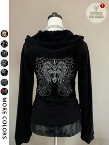 Women's Y2K Fitted Long Sleeve Hoodie, Cross Wing Print Loose Fit, Comfortable Fall & Winter Wear, Casual Vintage Punk Style