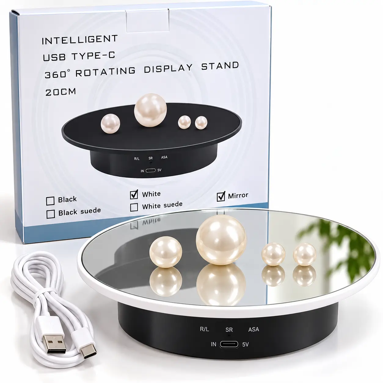 Intelligent USB Type- C 360.  Rotating    Turntable  Display Stand 20CM with Mirror, Black Suede, White Suede, and White Options