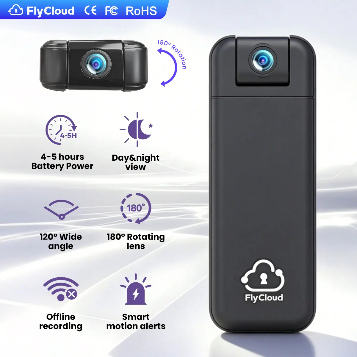 [FlyCloud 7] Body Camera - 1080P HD, 1900mAh Battery, 180° Rotatable 120° Wide-Angle Lens, Smart Infrared Night Vision, Wi-Fi & Bluetooth, APP Control, Al Motion Detection, Free 16GB TF Card, Portable for Daily Vlogging & Pet Recording, Digital Camera, Mi