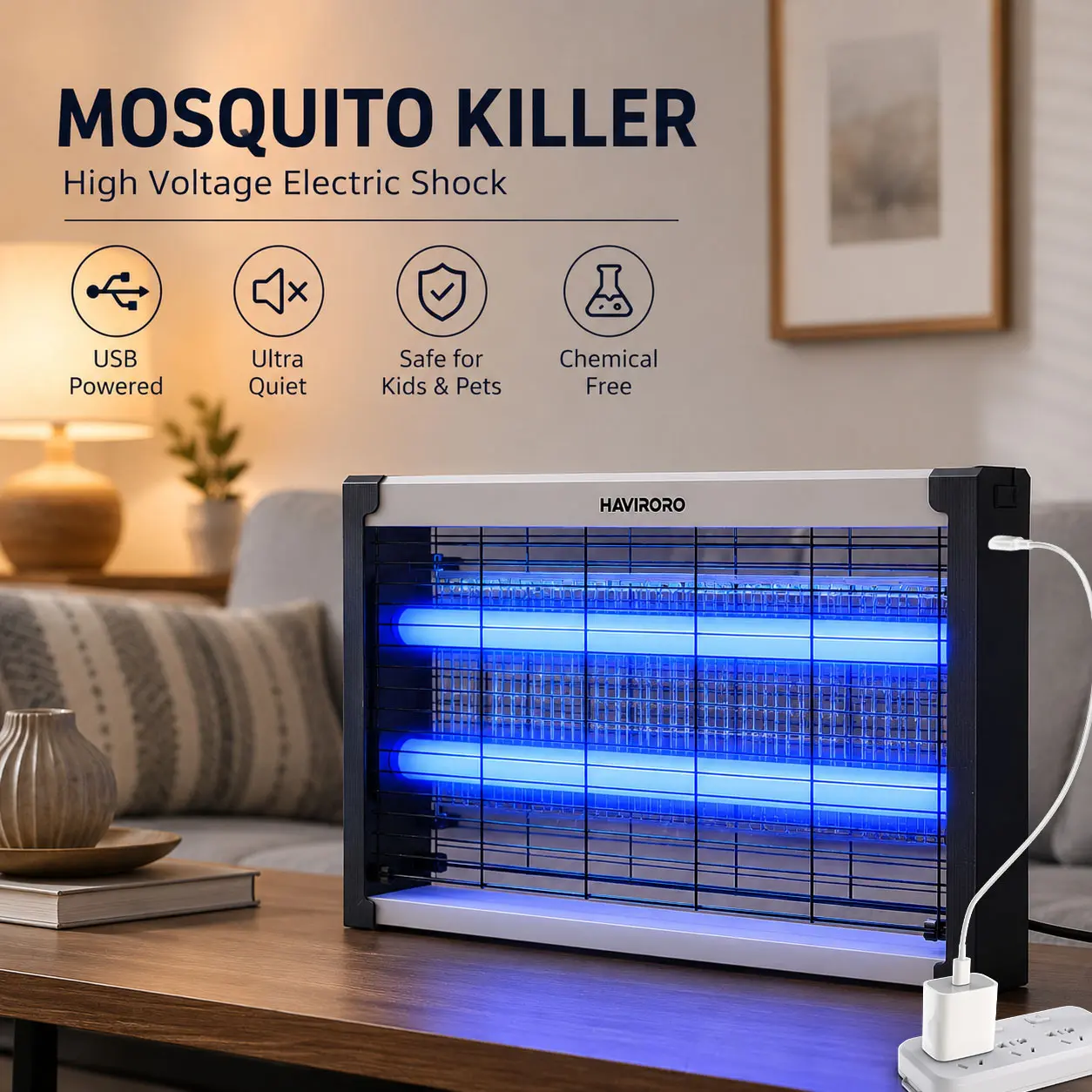 HAVIRORO 3200V Electric Mosquito Zapper – Type-C USB Powered, Suitable for Indoor & Outdoor Use, Covers Up to 1,500 Sq. Ft., Safe for Children and Pets; Quiet UV-Lure Fly Trap, Ideal for Patios, Bedrooms, and Home Use.