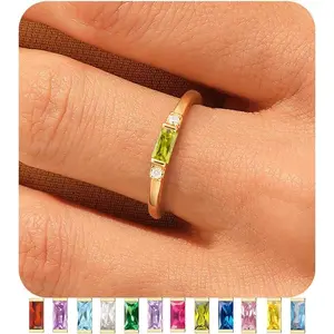 Gold Birthstone Rings for Women 14K Gold Plated Non Tarnish Stackable Rings Dainty Emerald Green Gemstone Cubic Zirconia Engagement Wedding Ring for Birthday Jewelry Gifts Size 6-10