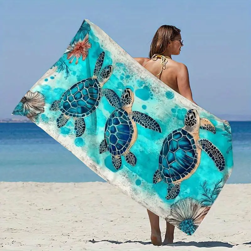 1pc Blue Sea Turtles Print Rectangular Beach Towel - Absorbent, Breathable, Quick-Drying Large Bath Towel with Vibrant Ocean, Coral & Fish Design, Contemporary Look, Yoga Accessory, Mother’s Day Gift (Ideal for Beach, Yoga), Absorbent Towel