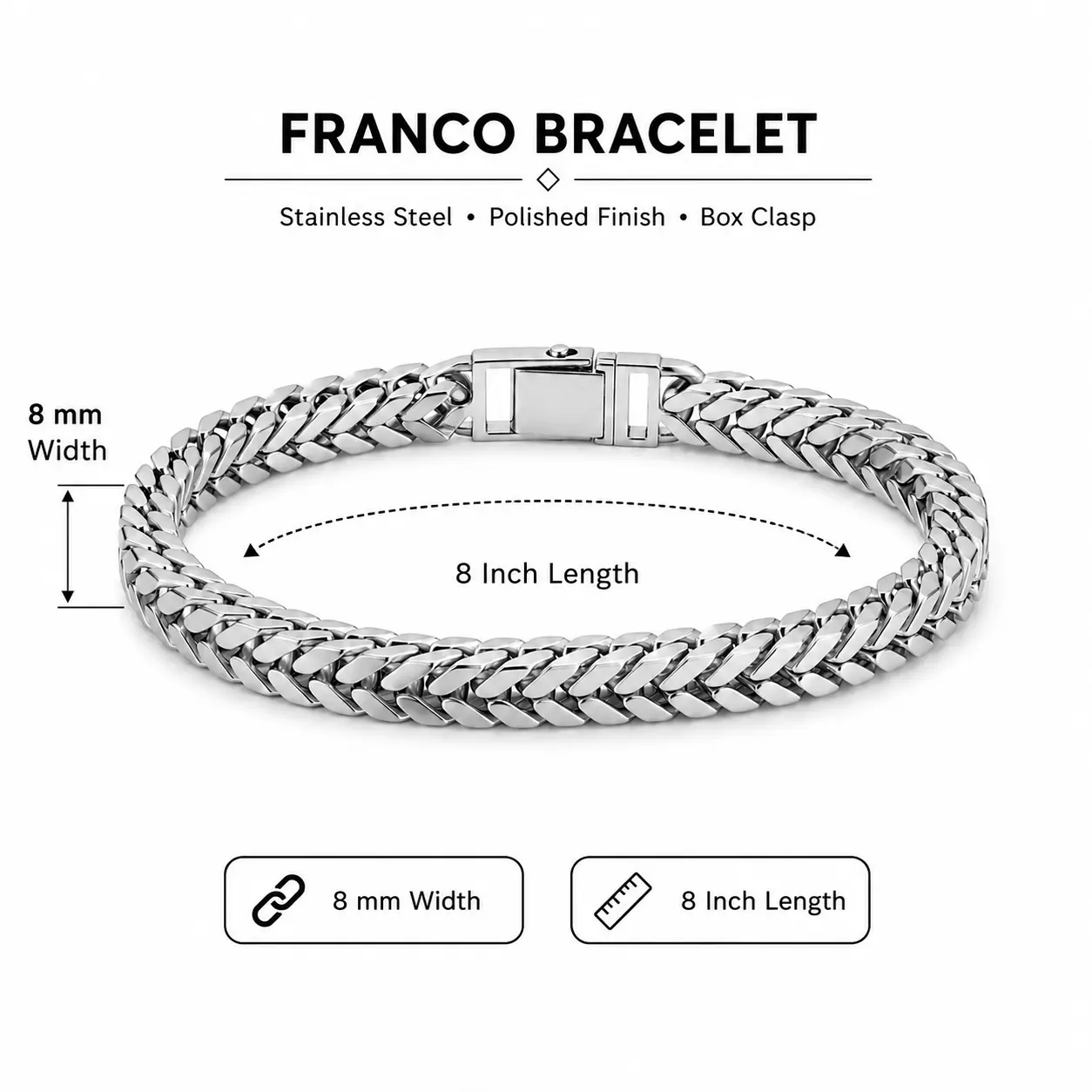 8mm Franco Bracelet Stainless Steel Silver 8 Inch | Heavy Cuban Link Chain Bracelet for Men | Polished Durable Jewelry
