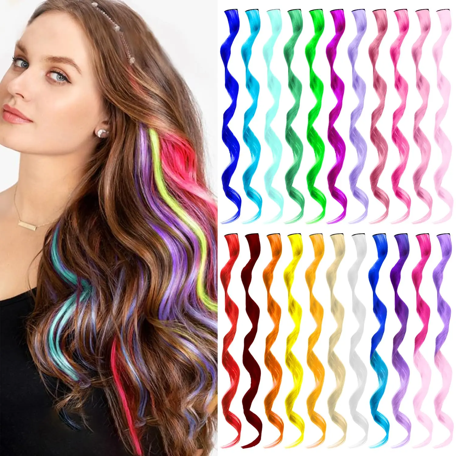 22-Piece Clip-in Synthetic Rainbow Hair Extensions - Curly Wavy Blonde Curl Highlights, Women’s Fashion Accessories, Party Favors Kids’ Gift, Blonde Curl Synthetic Extensions & Pieces