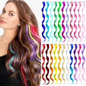 Colored Hair Extensions Curly Wavy Accessories for Girls Women,Multi-colors Party Highlights Clip in Synthetic Rainbow Hairpiece for Kids Favors Gift(22 PCS-Colorful)