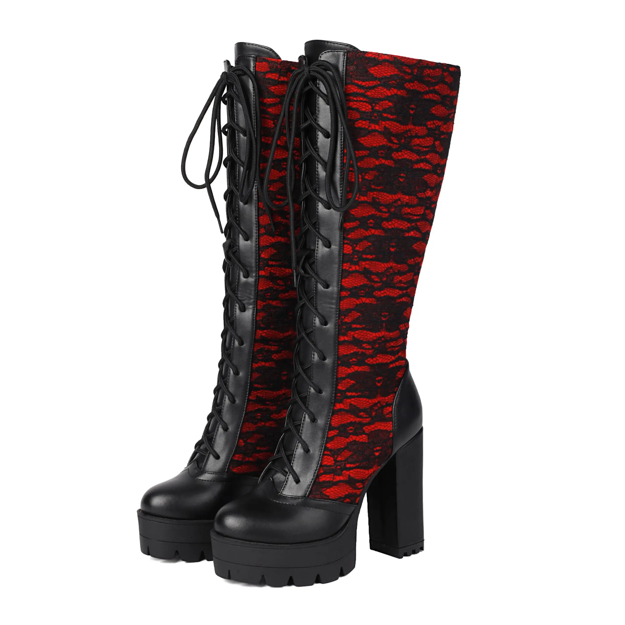 Women's Lace Knee High Platform Boots Chunky Block Heel Gothic Lace-Up Combat Boots