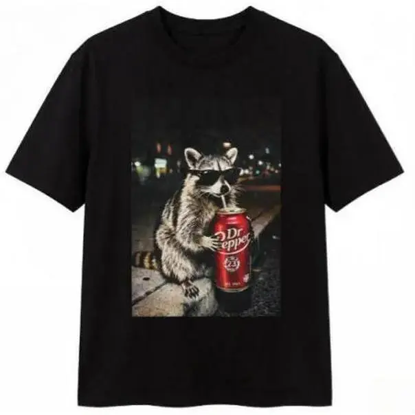 Urban Night Vibes & Soda Pop Top - Featuring a Badass Raccoon with a Soft Drink for Street Style,Personalized short-sleeved T-shirt, suitable for both men and women.For sports and casual wear.Casual style.