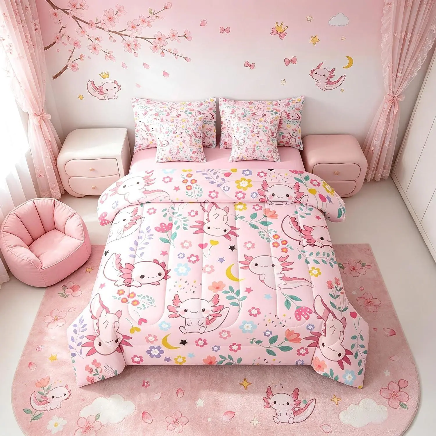 Axolotl Comforter Set 7 Pieces Cartoon Salamander Bedding Set Gift Women Bed in a Bag with Comforter,Sheets,Pillowcases,Cushion Covers Bedroom