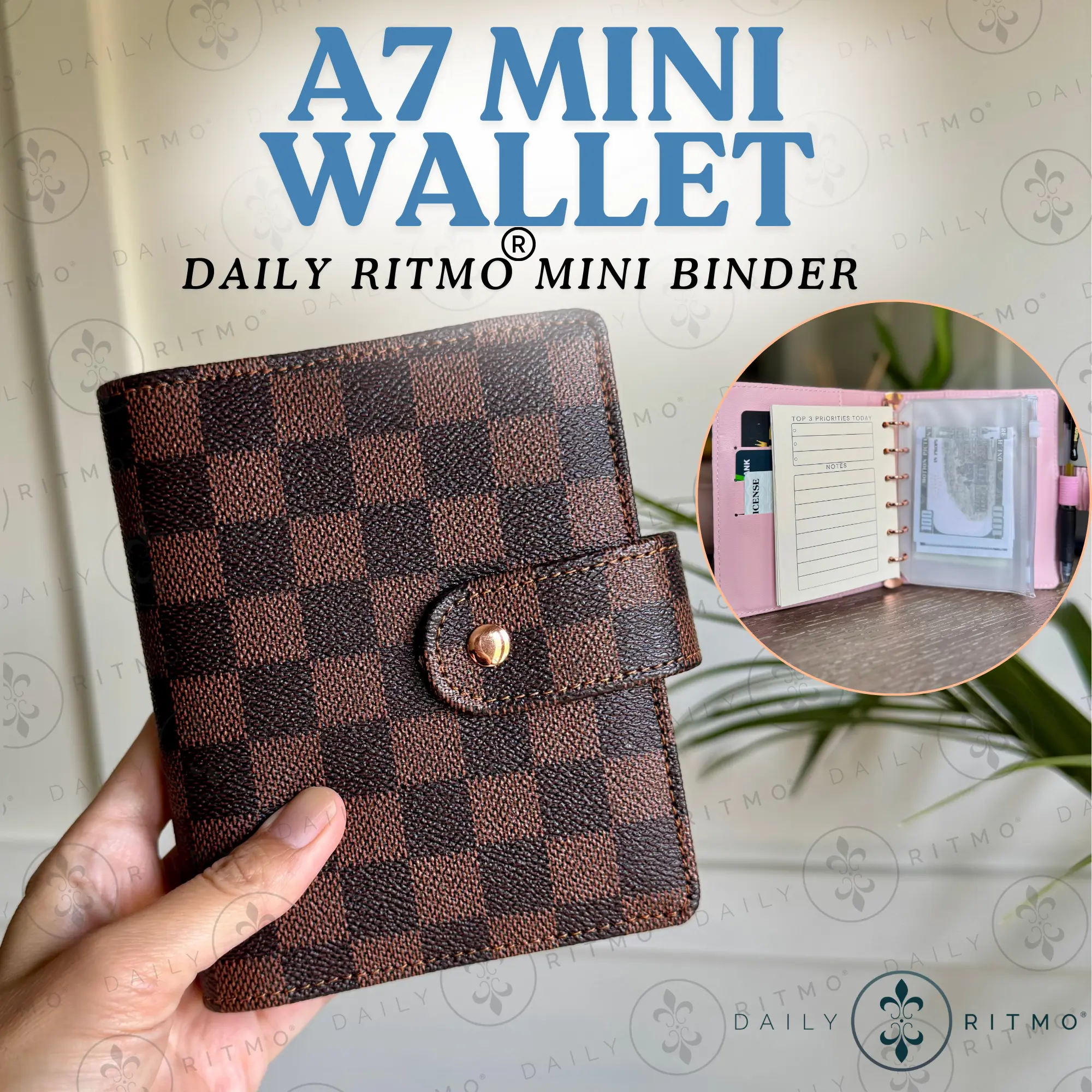 DAILY RITMO Mini Checkered Wallet A7 - Pocket Budget Planner with Money Stuffing Zippered Coin Pouch Envelopes