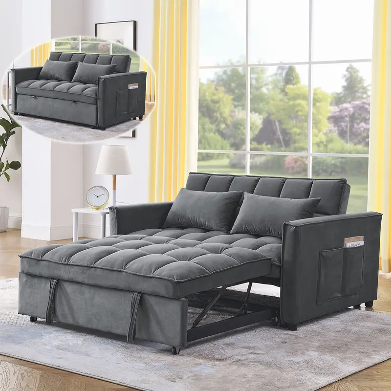 3 in 1 Convertible Sleeper Sofa Bed, Loveseat Futon Couches for Living Room with Side Pocket | Adjustable Backrest| Velvet Fabric | Pull Out Couch | Sectional Sofa Bed, Gray
