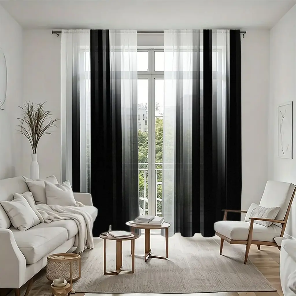 2Pcs Black White Gradient Sheer Net Curtains, Modern Abstract Style, Pole Pocket Design, Light Filtering Window Treatment, Home Decoration Curtain, for Living Room Bedroom Study Home Decor, Privacy Protection Panels.