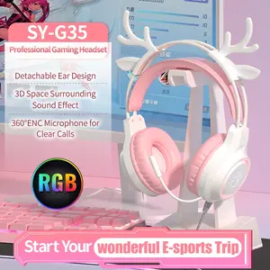 Yue Cui Sy-G35 Cat Ear Headphones, Gaming Wired Over-Ear Headset, PC Gaming Headset, Cute 3.5mm Cable with Microphone, 40mm Speakers, Suitable for Adults Teens Students TV