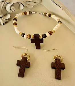 Rustic Faith Christian Wooden Cross Jewelry Set- Cross Earrings & Bracelet