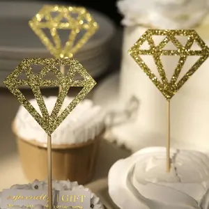 24-Pack Cupcake Toppers Glitter Gold Diamond Ring Design - Party Cake Picks Engagement Decoration Supplies