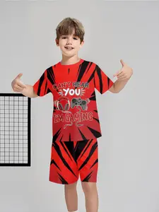 Two-piece Boys Kids Gaming Controller Themed Set, Short Sleeve and Shorts Outfit, 100% Polyester Casual Loose Fit, Summer Fun Printed Pattern, Outdoor Sports T-shirt Suit, Perfect Gift for Boys