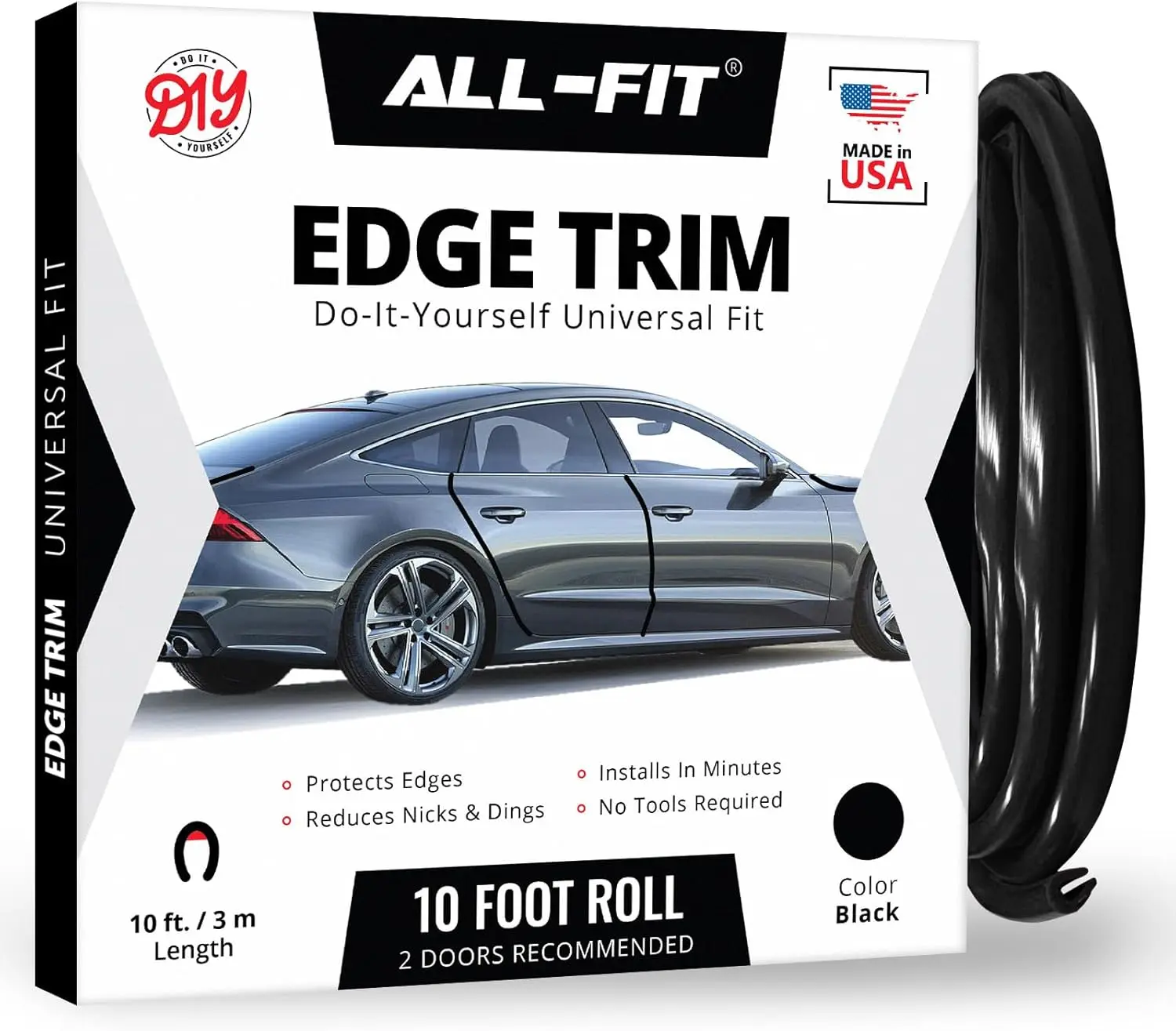 Door Edge Guard for Cars, Trucks, and SUVs by All Fit - Universal Car Door Edge Protector Strip DIY Edge Trim Molding for Chips, Scrapes, Scratches Door Dings, and Paint Protection with 3M Adhesive (10 ft Roll)