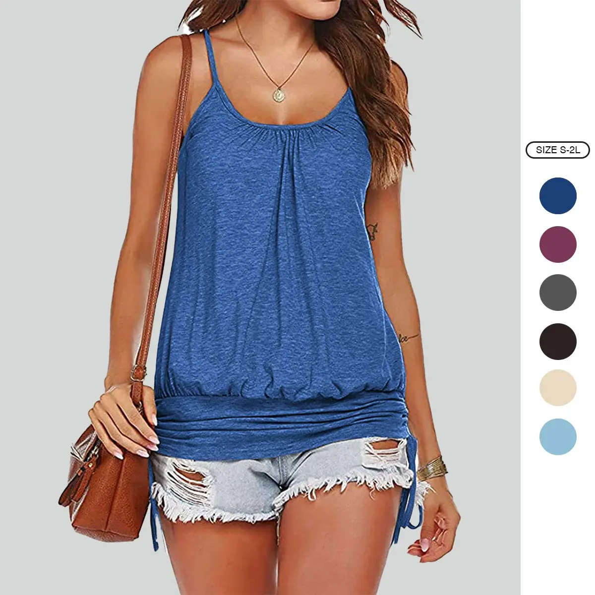 Imily Bela Women Summer Tank Tops Casual Spaghetti Strap Banded Bottom Loose Camisole Side Shirring Lace Up Shirts