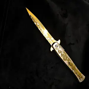 Gold Rose Engraved Folding Pocket Knife, Luxury EDC Utility Knife, High-quality Stainless Steel Blade, Portable Camping Tool, Unique Decorative Knife for Camping, Hiking, Collectible Decorative Knife for Everyday Carry, Gift for Men tactical