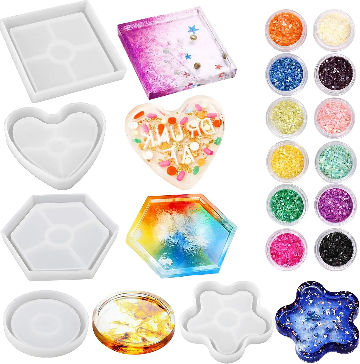 LotFancy Resin Coaster Molds - 5 Pcs Thick Silicone Molds for Resin Casting with 12 Colors Chunky Glitter, Large Round, Square, Hexagon, Heart & Flower Epoxy Molds for DIY Cup Mats, Home Decor & Gifts