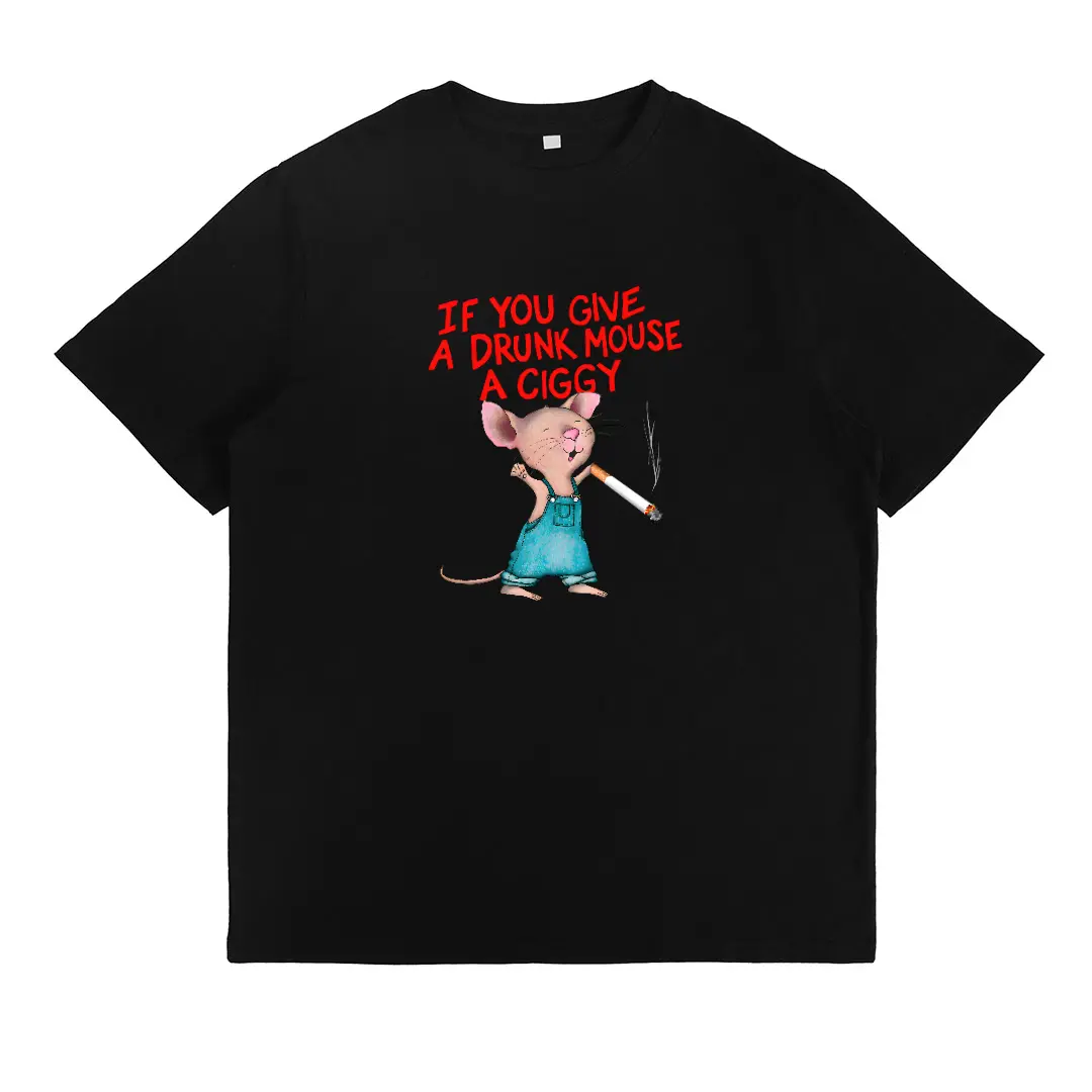 Unisex Streetwear T-Shirt with Funny 'Drunk Mouse' Graphic, Soft Fabric Short Sleeve Tee with Durable Fade-Resistant Print, Sleeves, Graphics, Round Neck, Casual