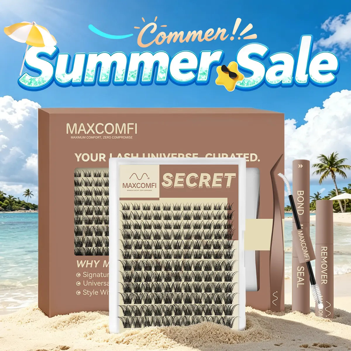 MaxComfi Secret Eyelash Clusters Kit, Waterproof & Long-Lasting Individual Lashes with Super Soft Thin Band, Natural Lash Clusters for Beginner-Friendly DIY Application, Individual Lashes Kit,sunscreen