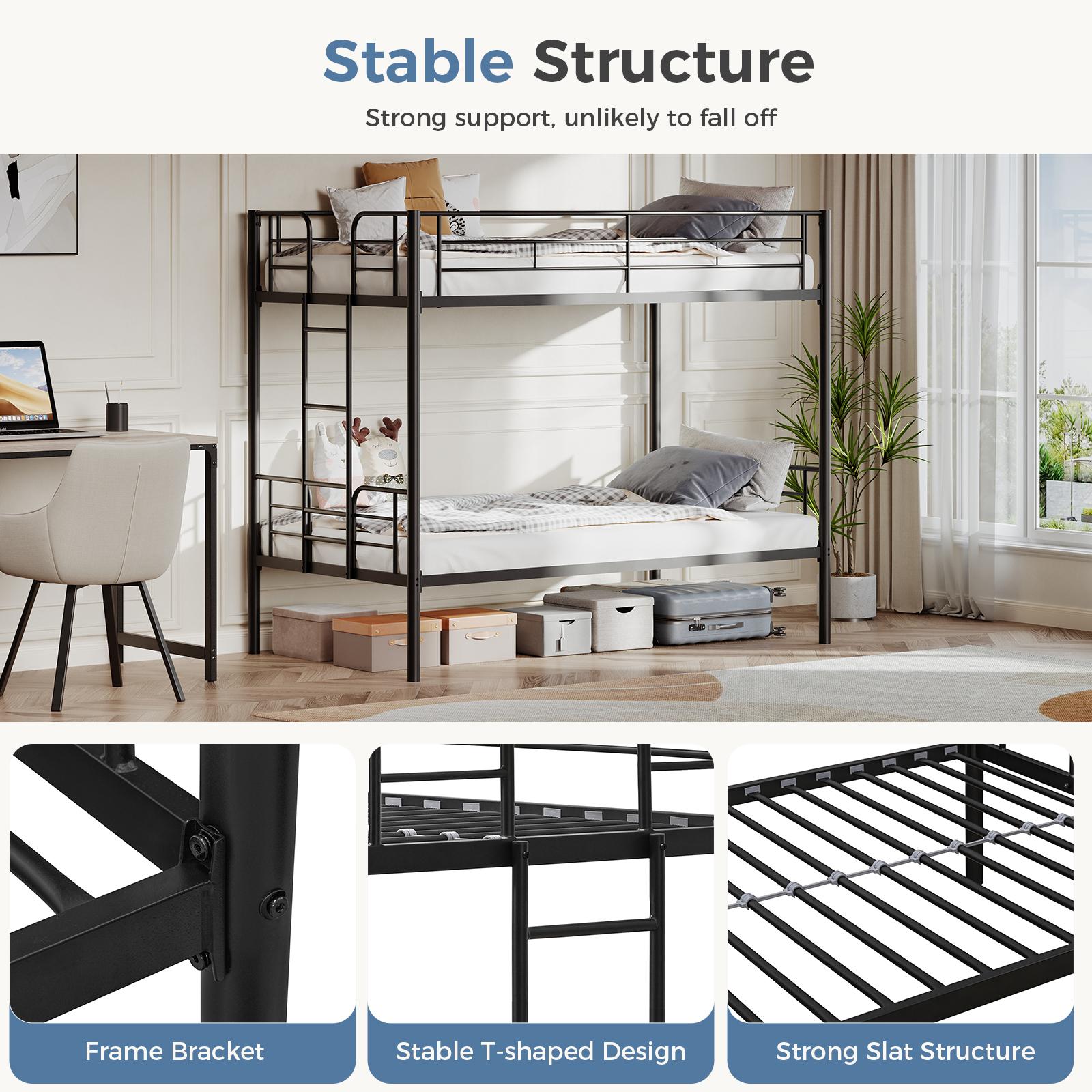 Bunk Bed Twin Over Twin ,Metal Bed Frame, Heavy Duty Bunk Beds, Bunkbed, Double Bed, Individual Twin Bed, Stackable Bunker Bed， With Removable Ladder Safety Guardrail (Black)Metal double-layer bed with stairs and safety railings, sturdy steel frame