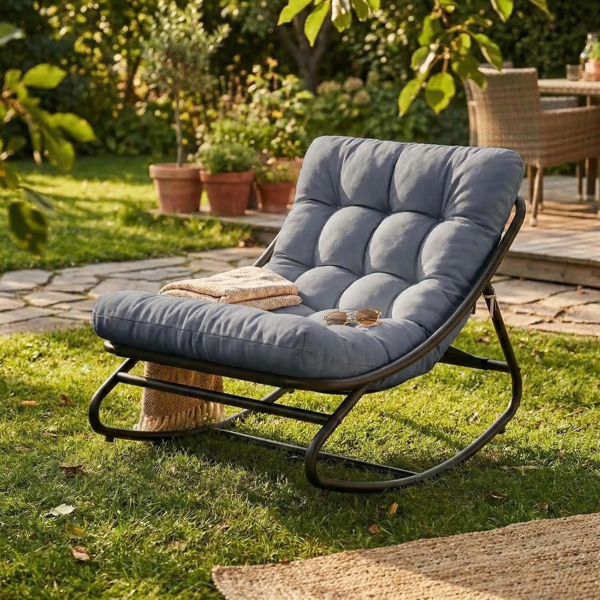 Papasan Rocking Chair, Indoor Outdoor Metal Patio Rocker with Comfy Cushion, 300+ lb Capacity, Waterproof Machine-Washable Cushion Cover, for Porch, Garden, Nursery