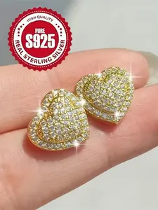 Women Heart-Shaped S925 Silver Zirconia Earrings, Zircon Stud Earrings, High-Quality Anti-Allergy Jewelry, Perfect for Parties Weddings Birthdays