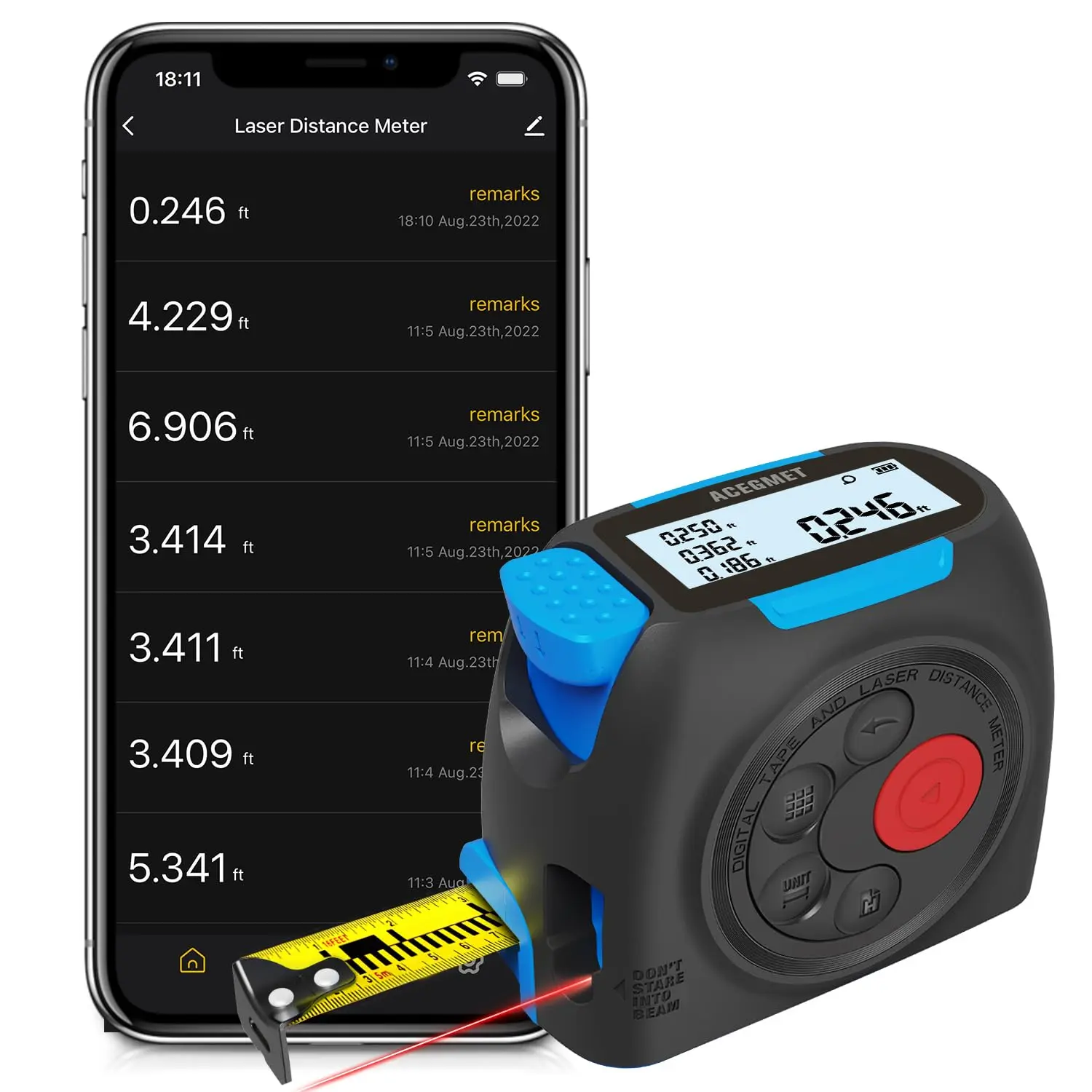 DT30 Digital Tape Measure, 131ft Laser&16ft Tape, ±1/16" Precision| USB-C Rechargeabl, Smart App Sync, Backlit LCD, Area Volume Pythagorean, Auto Tape Lock, Laser Tape Measure, IP54 Waterproof