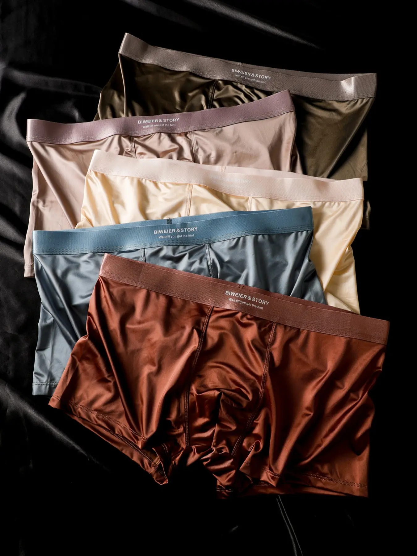 5 Biweier Satin Boxers in Morandi Colors, Breathable Men's Shorts for Home & Vacation, Cool Comfort Lightweight Luxury Fabric, Stretchy Boxer Briefs, Elastic Boxer Briefs, Underwear Boxer Briefs
