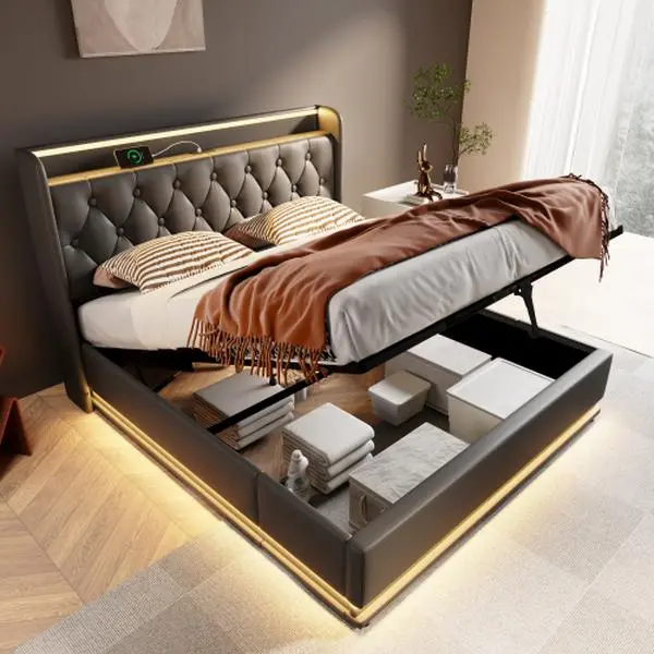 Full Size Upholstered Bed with Storage, 360 surround LED function, Buttons/Apps/Remote Control, hydraulic storage bed with USB Type-C charging, Black,PU Leather (Without mattress)