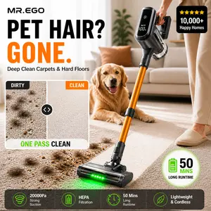 MR.EGO V8 20000pa of powerful suction. cordless vacuum features an 4-in-1 lightweight design with up to 50 minutes of runtime and This rechargeable cordless vacuum is ideal for carpets, tiles, pet hair, and hardwood floors.