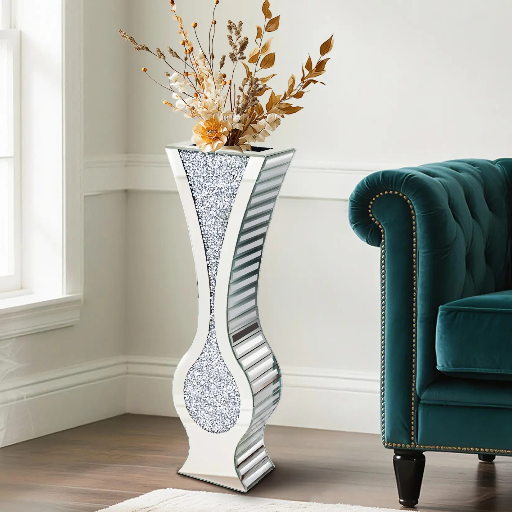 Decorative Crushed Diamond Mirror Floor Vase 27” Tall, Crystal Faux Flower Vase