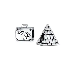 .925 Sterling Silver Travel Suitcase Luggage & Landmark Egyptian Pyramid Charm Bead (Set)