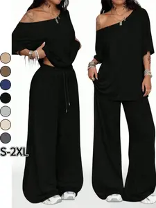 Relaxed Off-Shoulder 2 Piece Set, Women's Oversized Top and Wide Leg Elastic Drawstring Pants for Daily, Everyday, Streetwear, Comfortable Loungewear