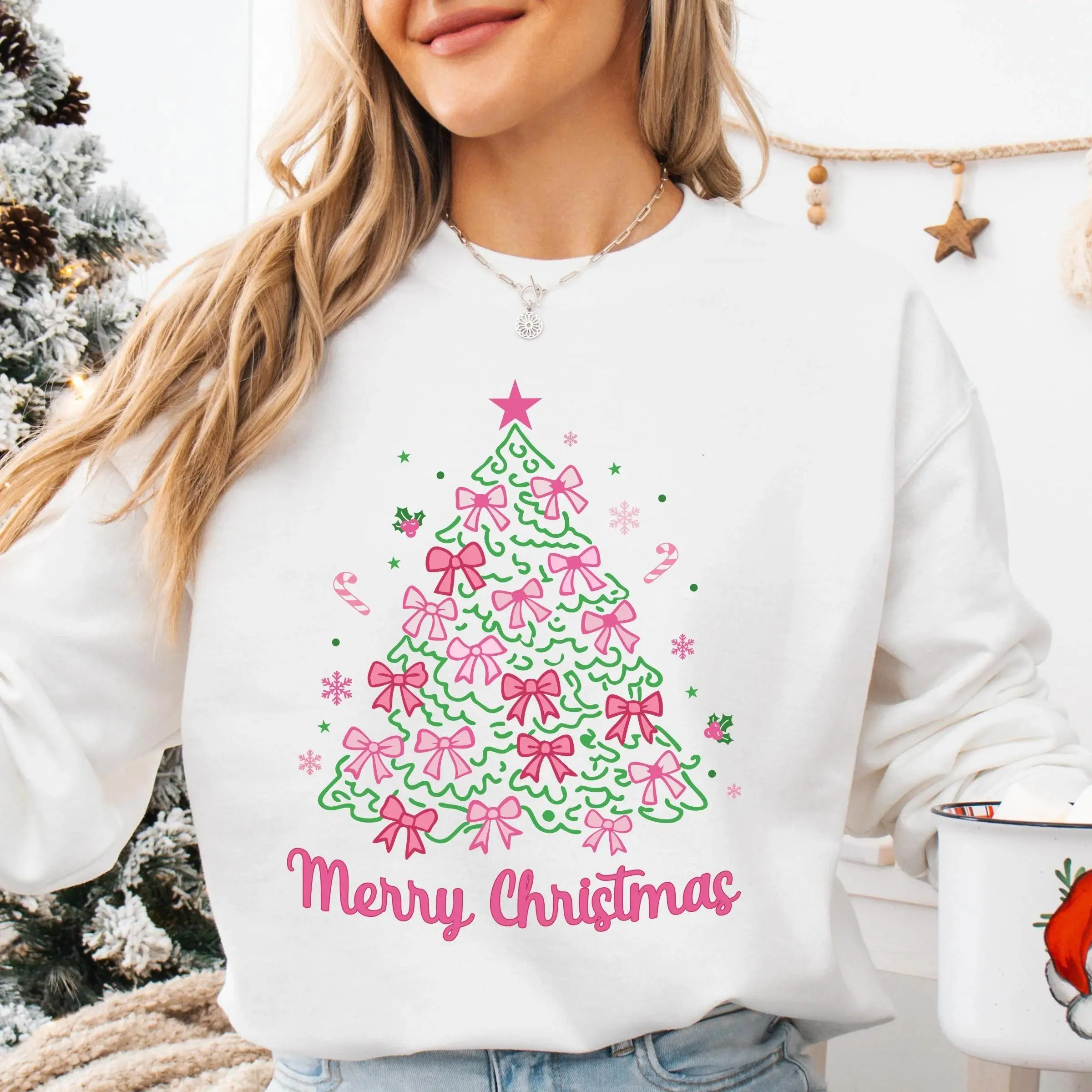 Merry Christmas Pink Bow Sweatshirt, Coquette Pink Christmas Tree Sweater, Cute Girls Holiday Crewneck, Preppy Xmas Season Pullover, Trendy Pink Christmas Aesthetic Apparel, Cute Coquette Bow Graphic Jumper, Holiday Gift for Women & Girls