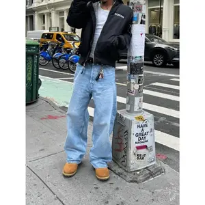 Washed Vintage Street Style Loose Fit Straight Leg Jeans Fathersdaygift Denim Pants Basic Blue Streetwear